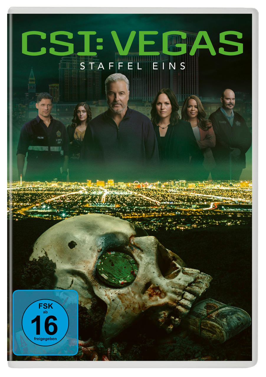 CSI: Vegas DVD-Cover. Darsteller vor Stadtkulisse, ein Totenkopf am Boden.