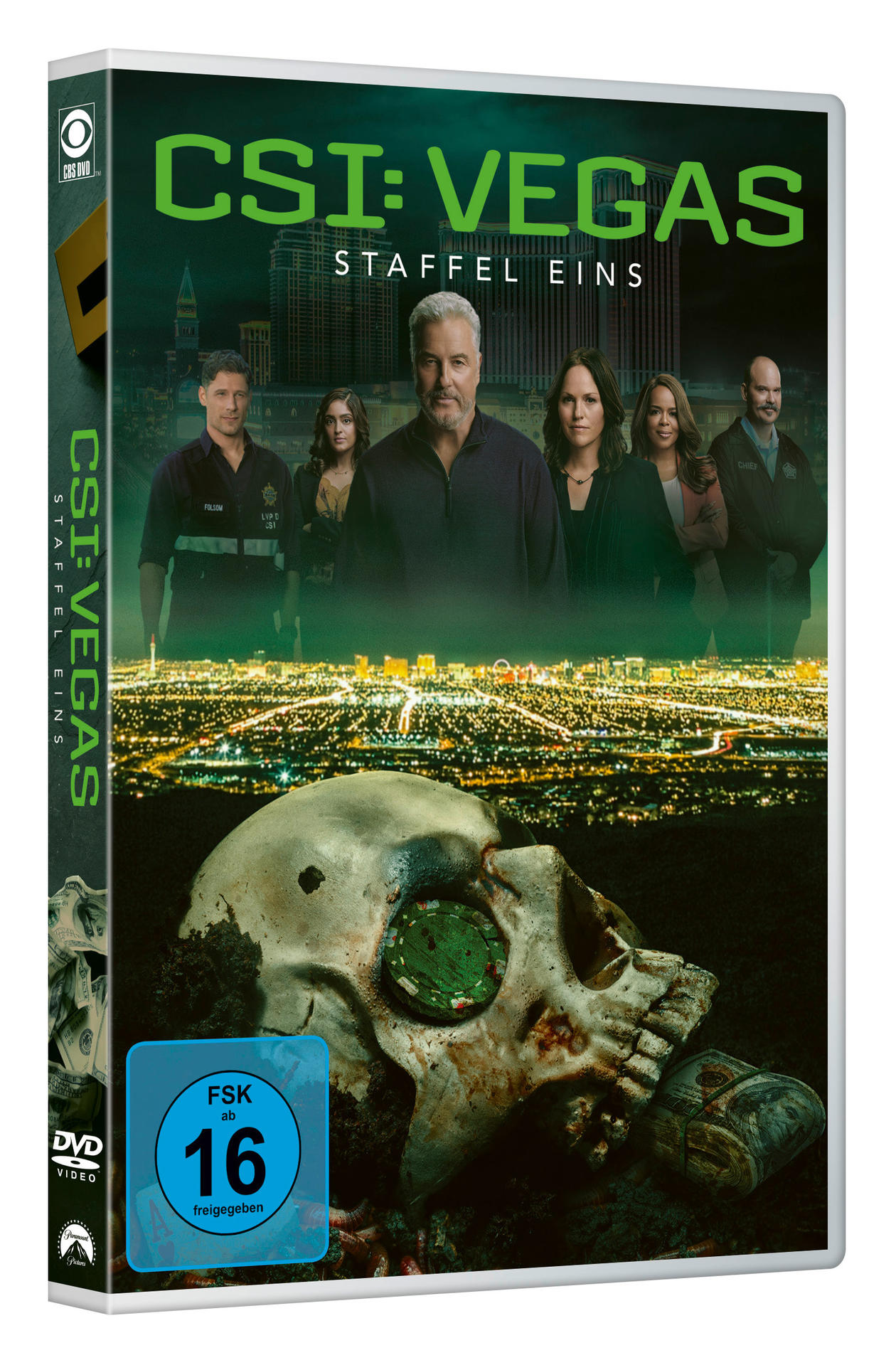 CSI: Vegas DVD-Cover mit Schauspielern und einem Totenkopf vor der Stadt.