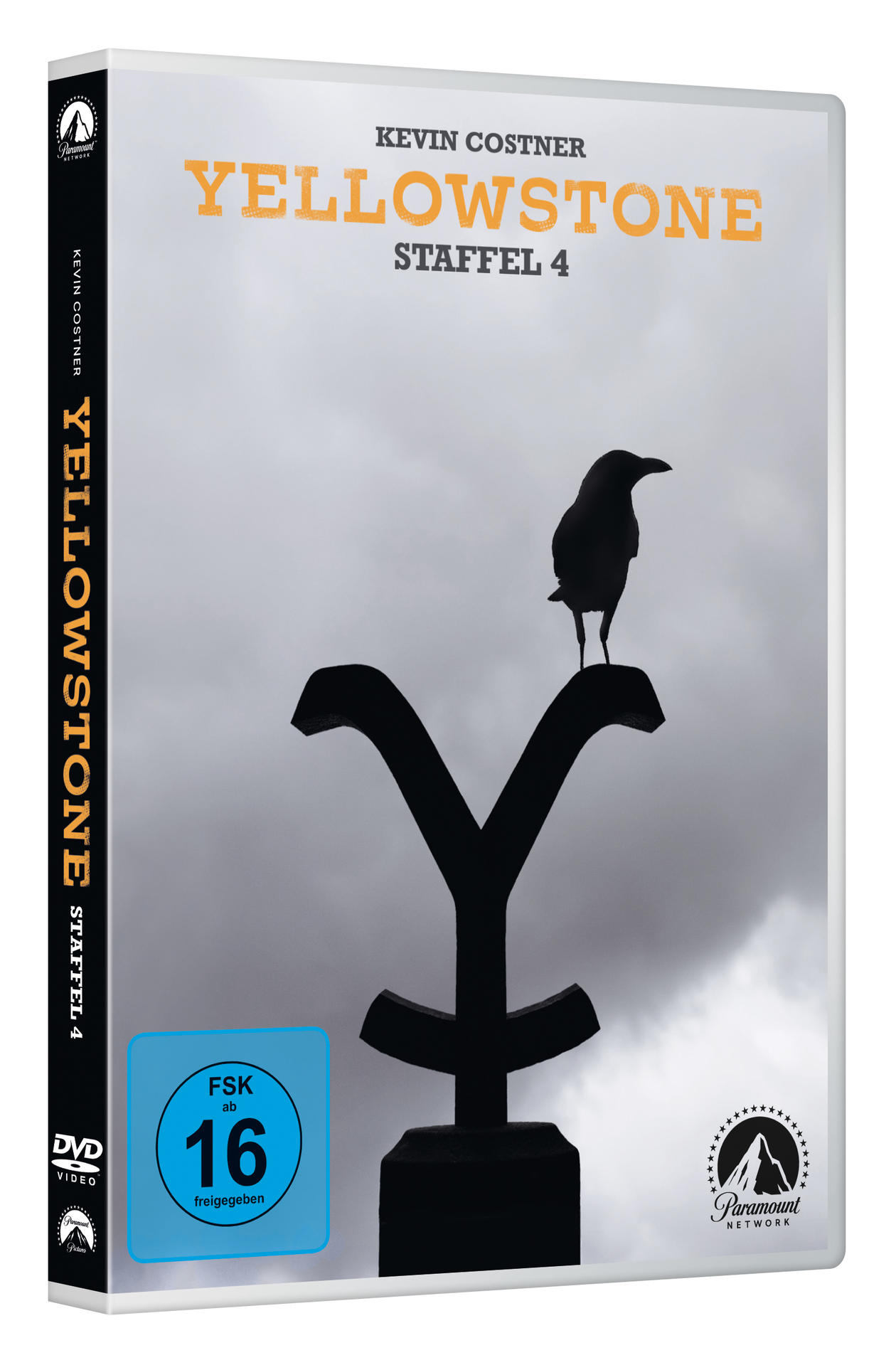 DVD-Hülle für 'Yellowstone' Staffel 4. Eine Krähe auf einem Symbol. Deutscher Text.