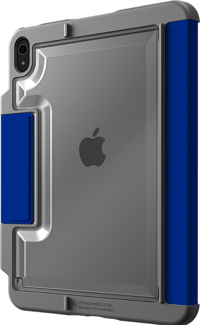 iPad grigio in una custodia blu e grigia, con il logo Apple visibile.