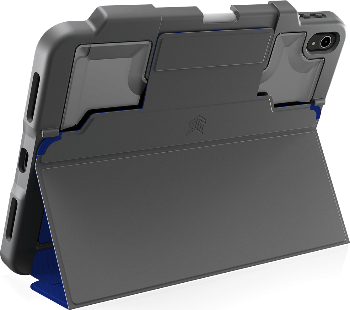 Custodia per tablet grigia e blu con supporto. Con ritaglio per fotocamera e design protettivo.