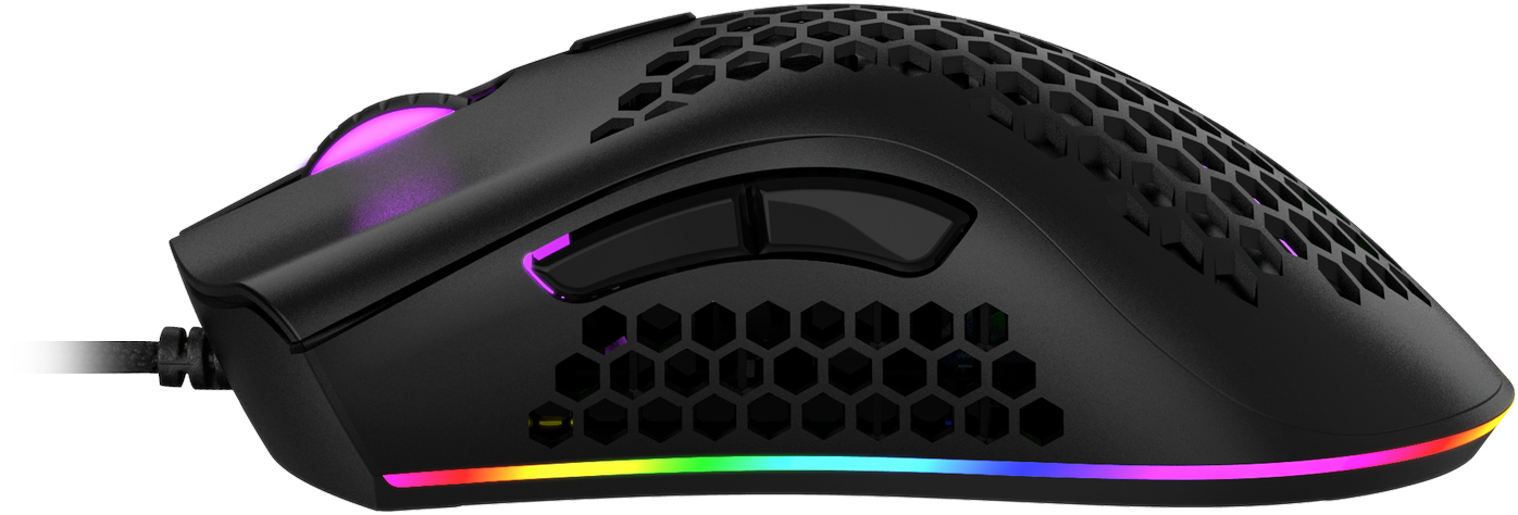 Black gaming mouse with honeycomb design and RGB lighting on a white background.