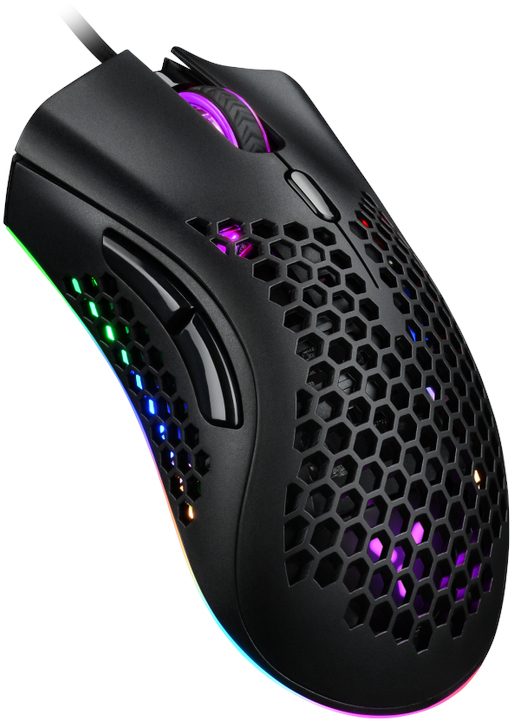 Black gaming mouse with honeycomb design and RGB lighting.