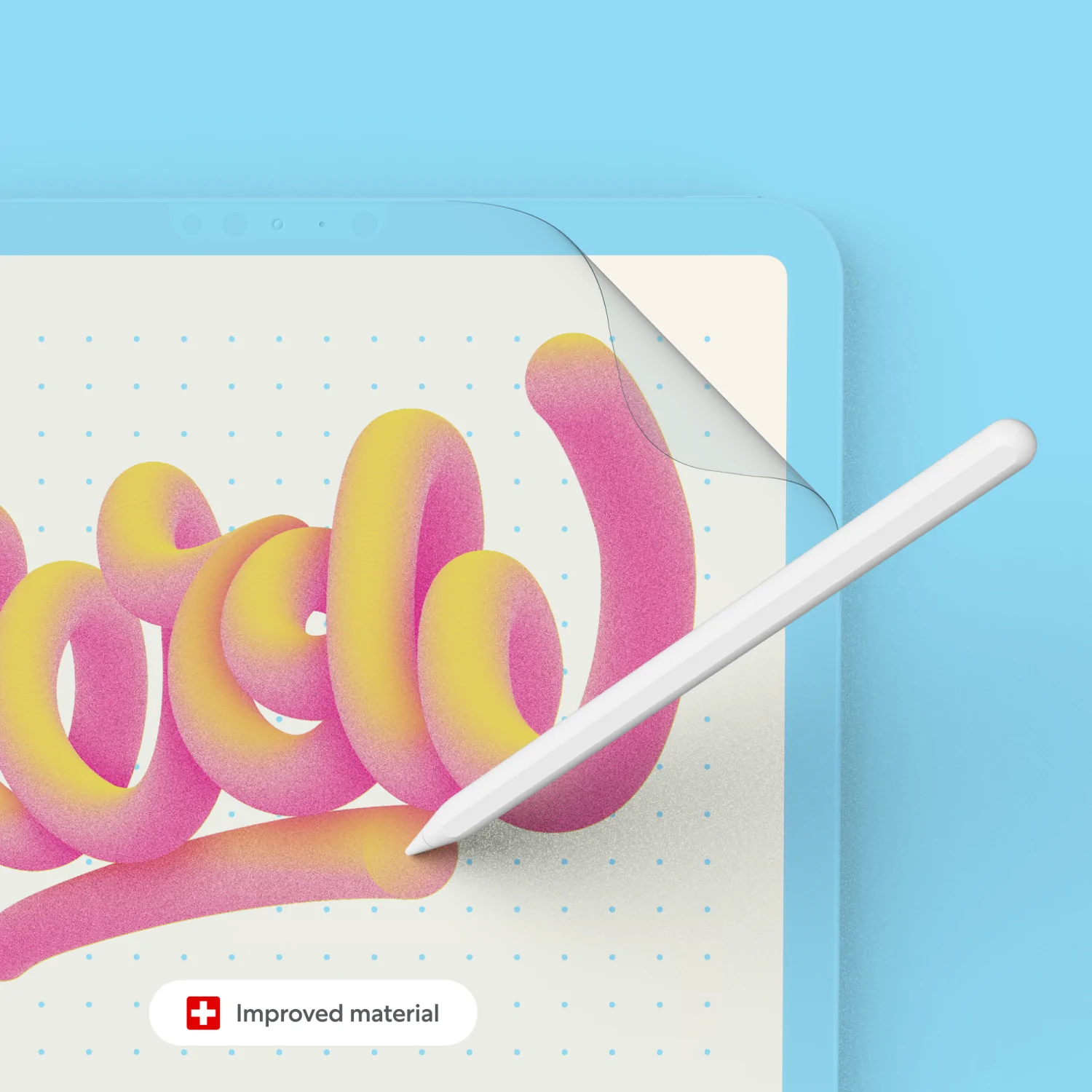 Weißer Stift auf Tablet-Bildschirm mit rosa und gelbem Text. Blauer Hintergrund.