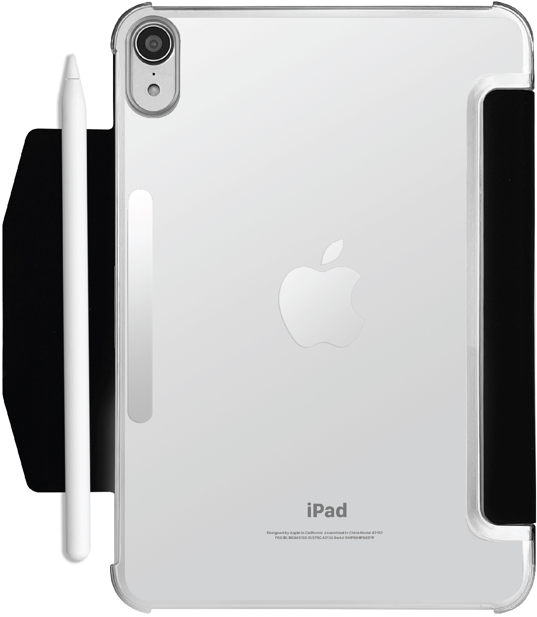 Rückseite eines iPads in einer durchsichtigen Hülle mit einem weißen Stift. Apple-Logo sichtbar.