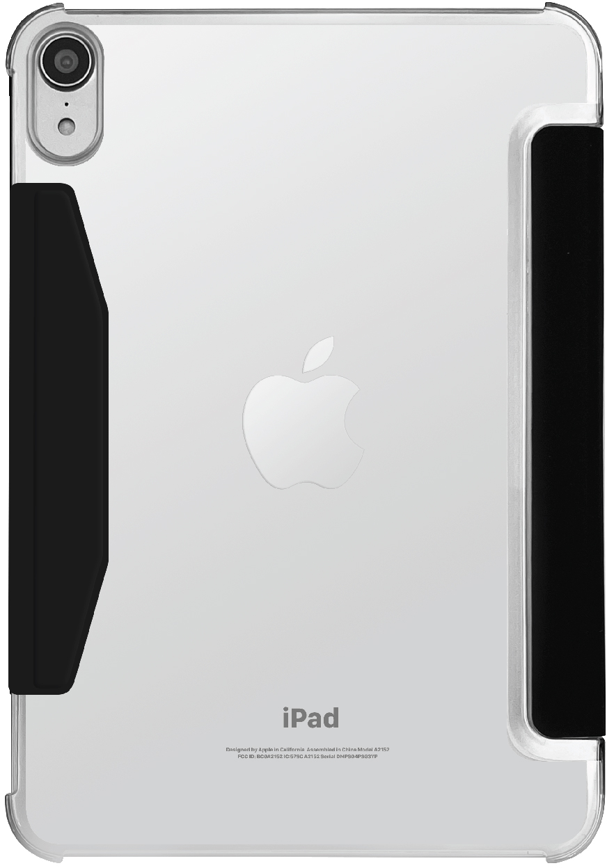 Transparente iPad-Rückseite mit schwarzen Seitengriffen. Apple-Logo sichtbar.