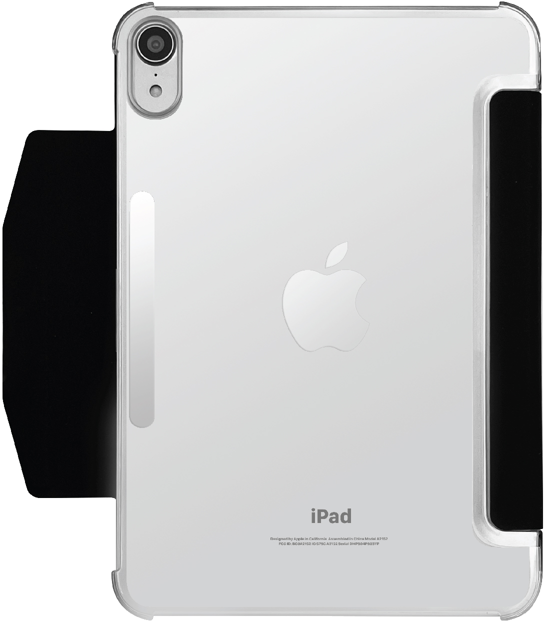 Rückseite eines iPads in einer transparenten Hülle. Die Hülle zeigt das Apple-Logo. Die Hülle hat eine schwarze Abdeckung.