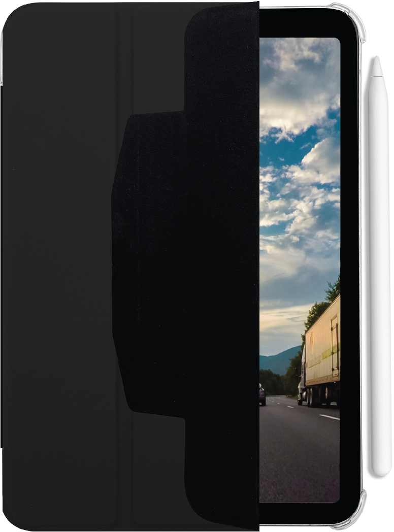 iPad in schwarzer Hülle, zeigt eine Autobahn mit LKW und Himmel. Ein weißer Stift ist sichtbar.