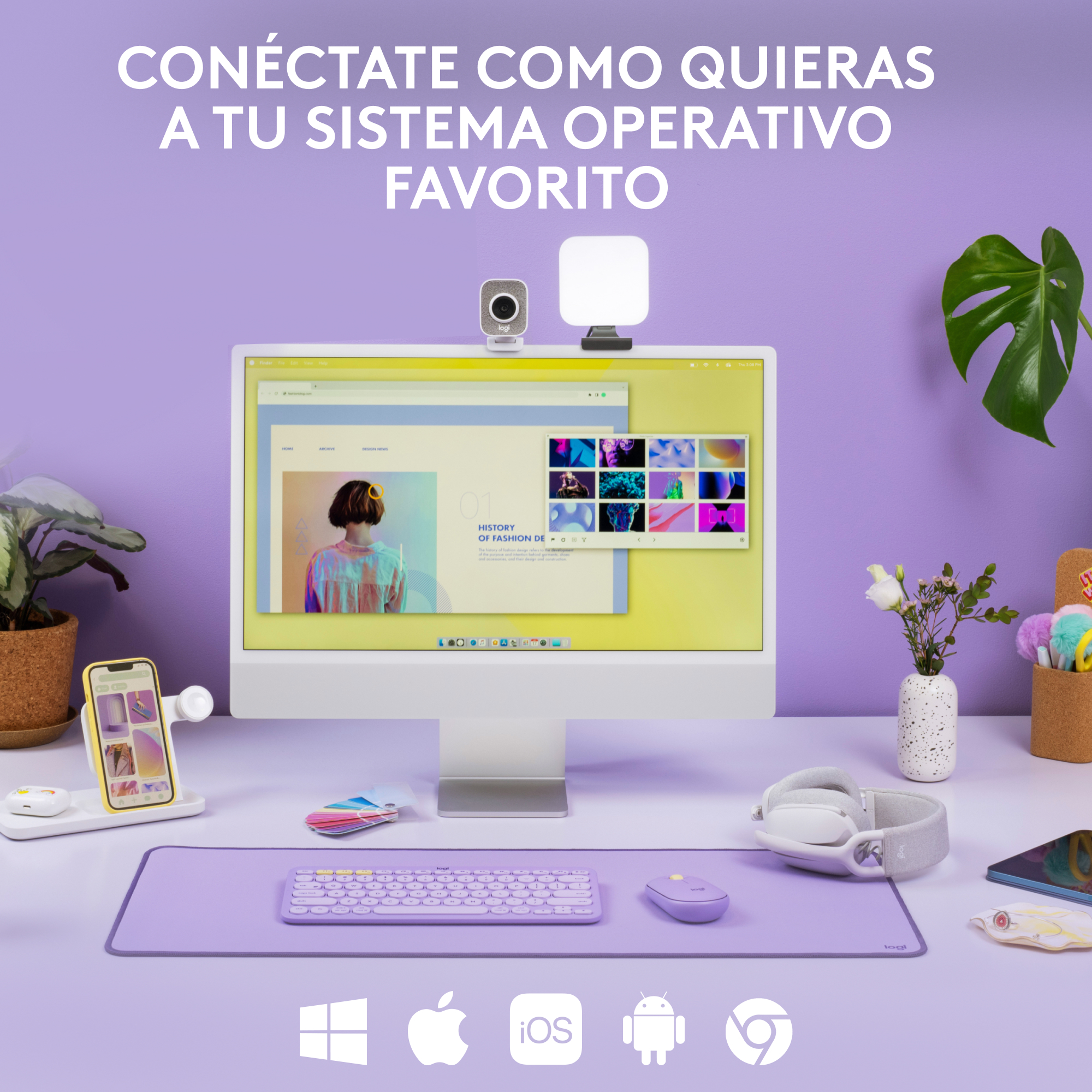 Configuración de escritorio con computadora, teléfono, accesorios y texto que promueve la conectividad.