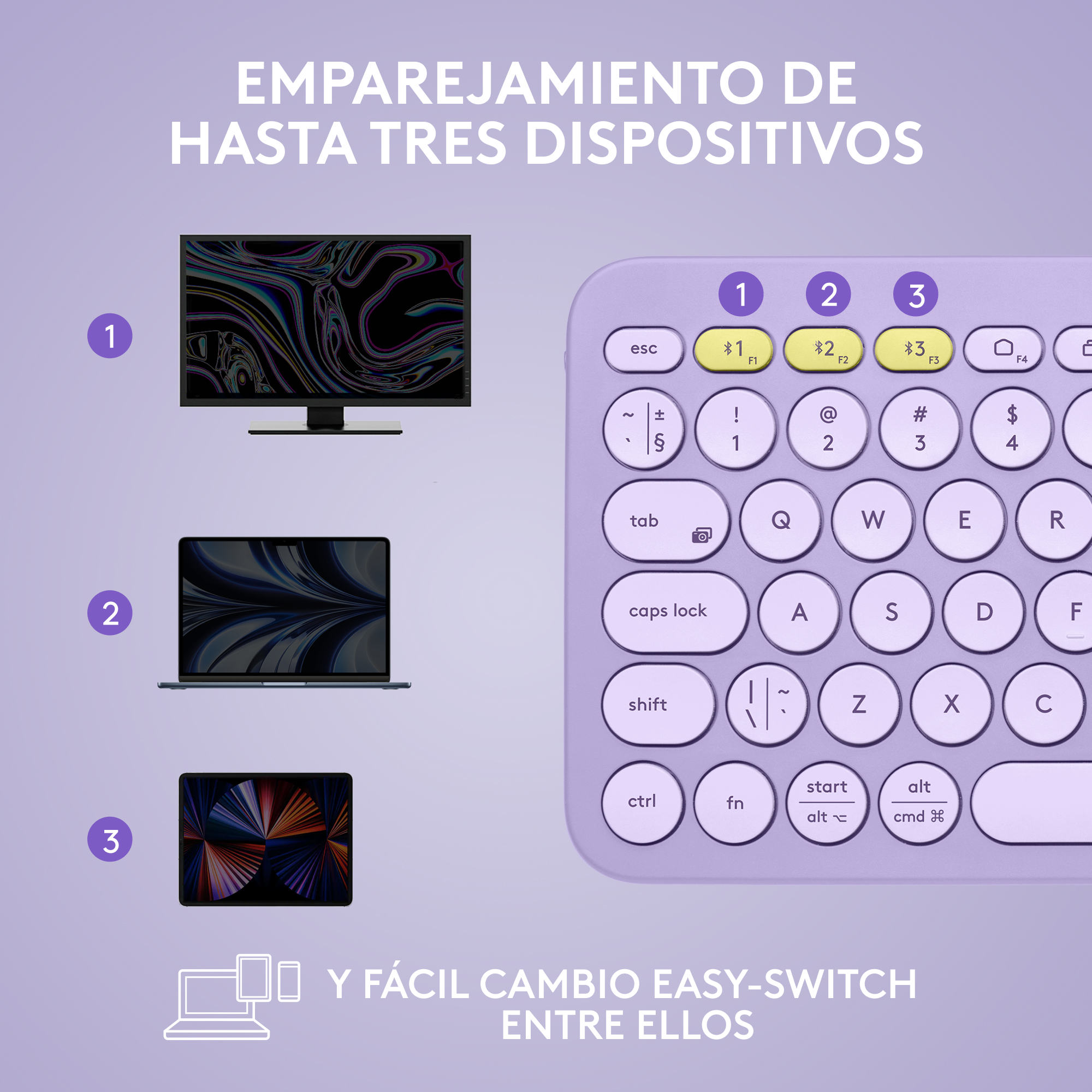 Un teclado de color morado claro. Hay tres dispositivos visibles en el lado izquierdo del teclado.