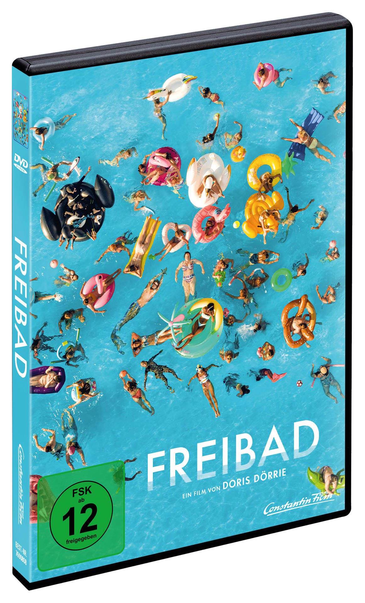 DVD-Hülle mit blauem Cover, das Menschen in einem Pool und das Wort FREIBAD zeigt.