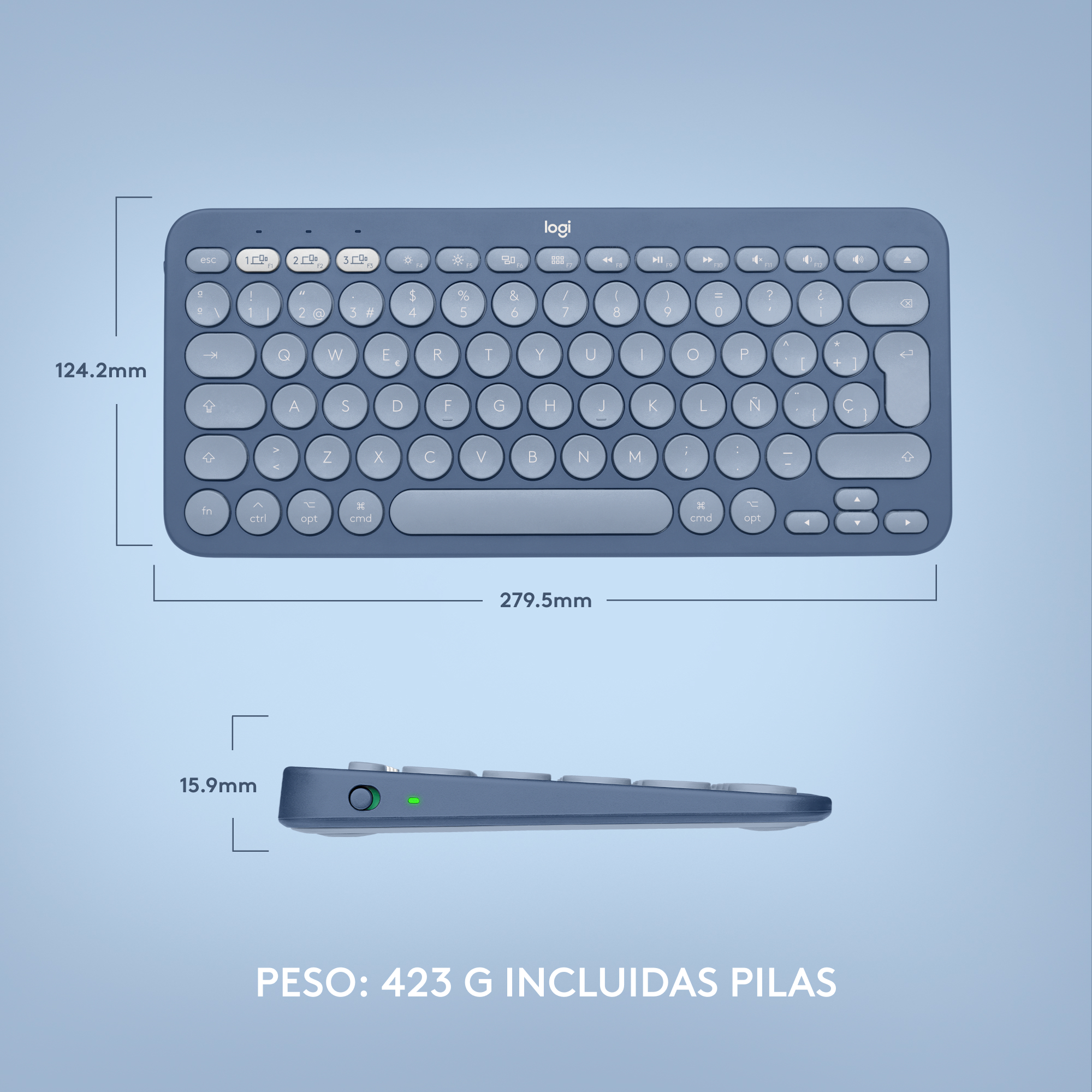 Un teclado azul con teclas blancas, con dimensiones en los laterales. Texto en español.