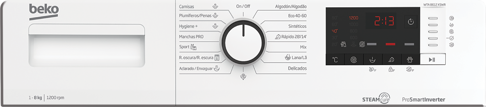 Panel de control de lavadora que muestra varias configuraciones. La pantalla digital muestra la hora y la temperatura.