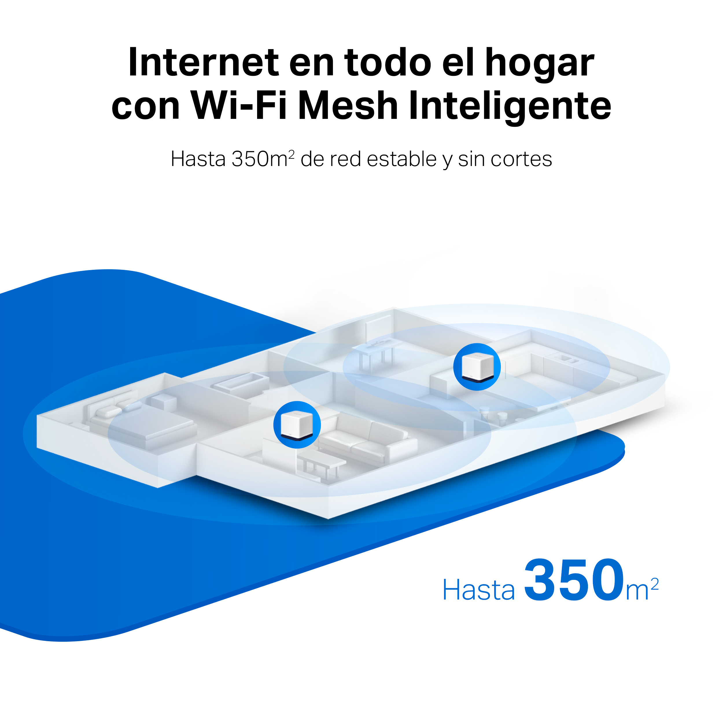 Diagrama de una casa con cobertura Wi-Fi, texto en español, esquema de colores azul y blanco.