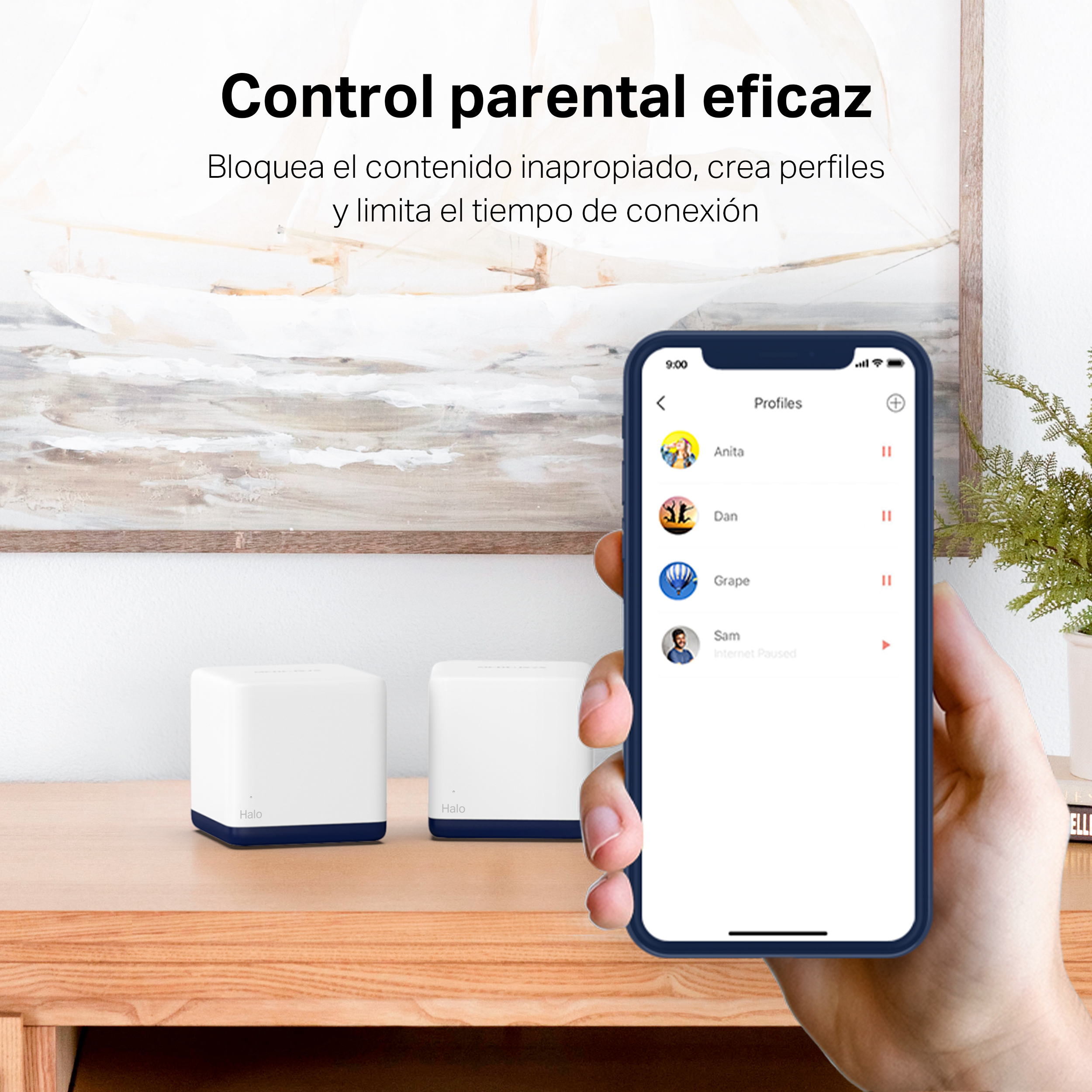Una persona sosteniendo un teléfono con perfiles en la pantalla, con dispositivos blancos.