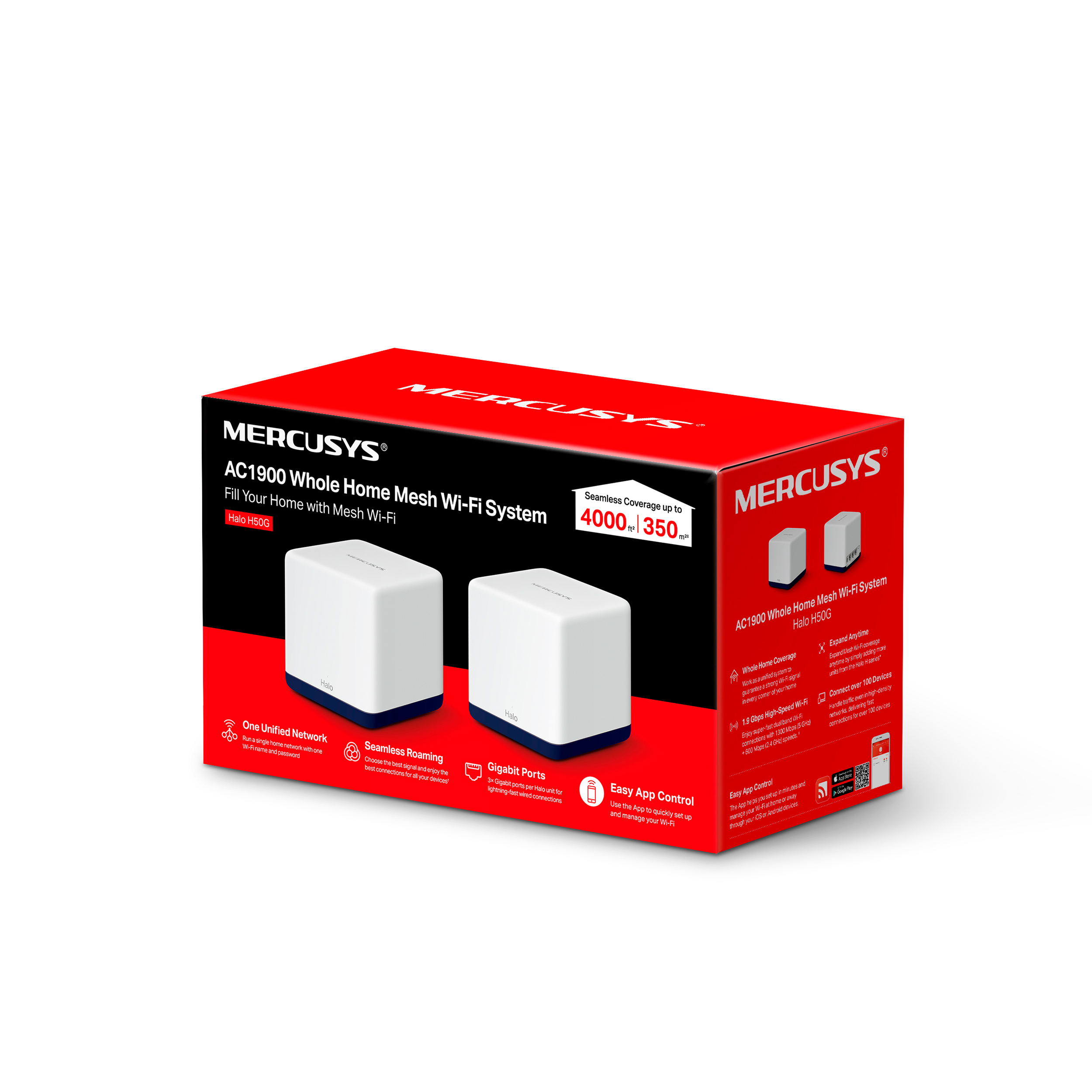 Una caja blanca de un sistema wifi de malla con dos cubos blancos encima.
