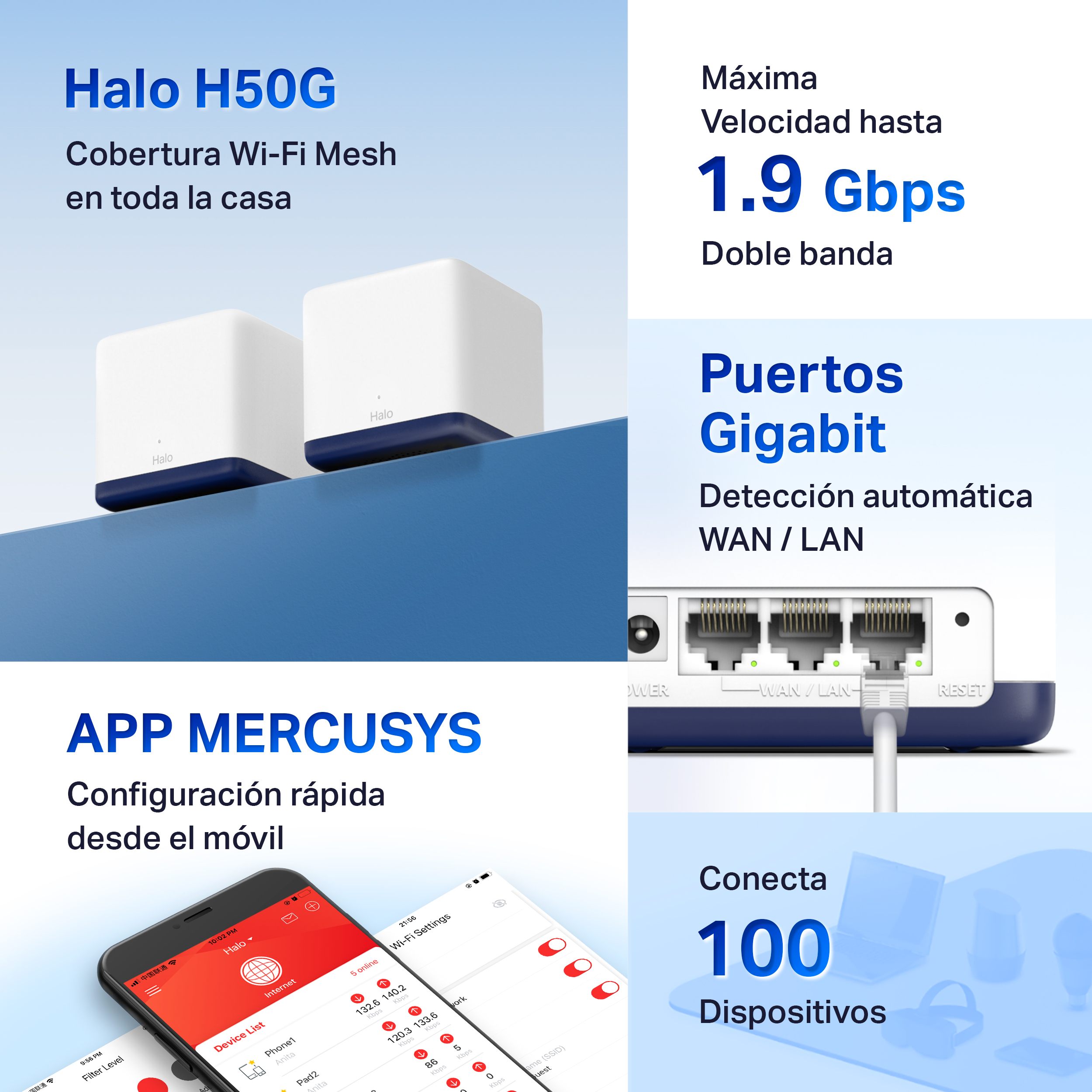 Dispositivos de malla wifi blancos y azules y aplicación.