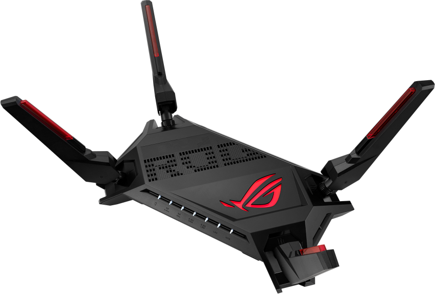 Fekete gaming router kinyújtott antennákkal. Piros díszítések és logó. Fekete háttér.