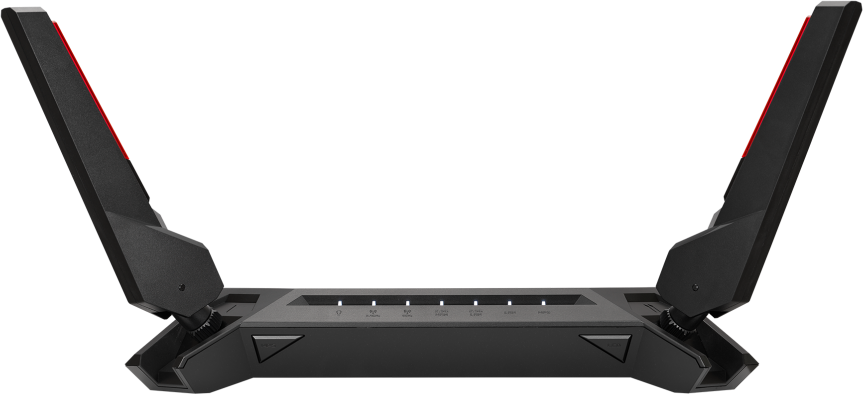 Fekete router nagy antennákkal. Az antennákon piros csíkok vannak.