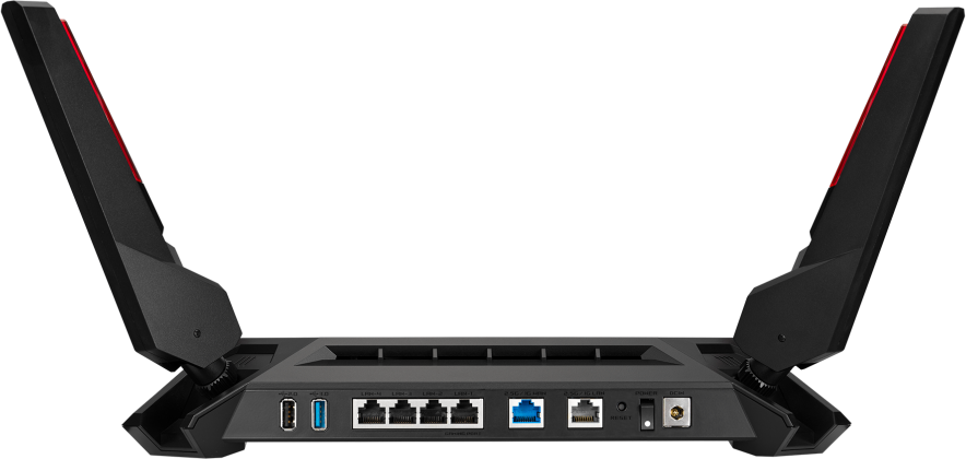 Fekete router kinyújtott antennákkal. Portokat és csatlakozásokat mutat sötét háttérben.