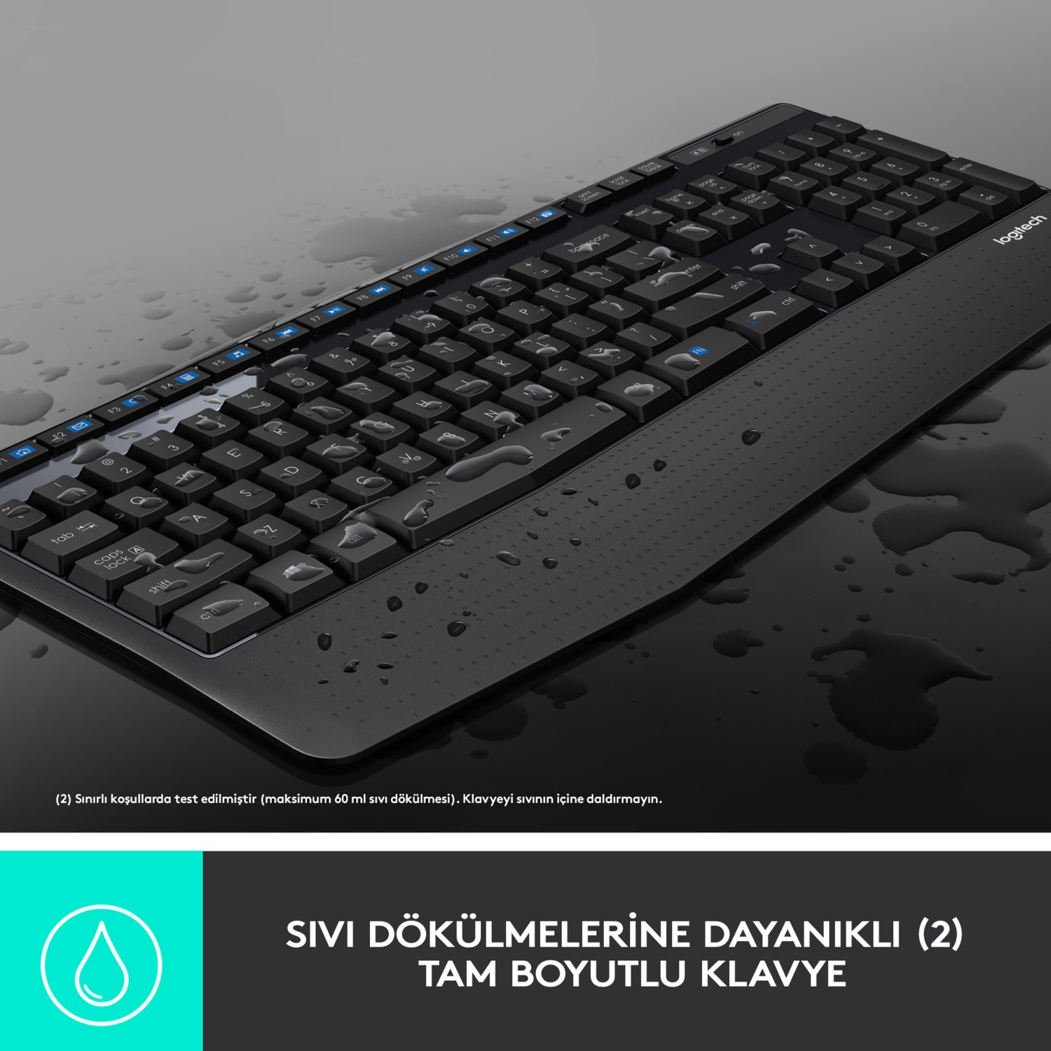 Üzerinde su damlacıkları ve bir logo bulunan siyah su geçirmez klavye.