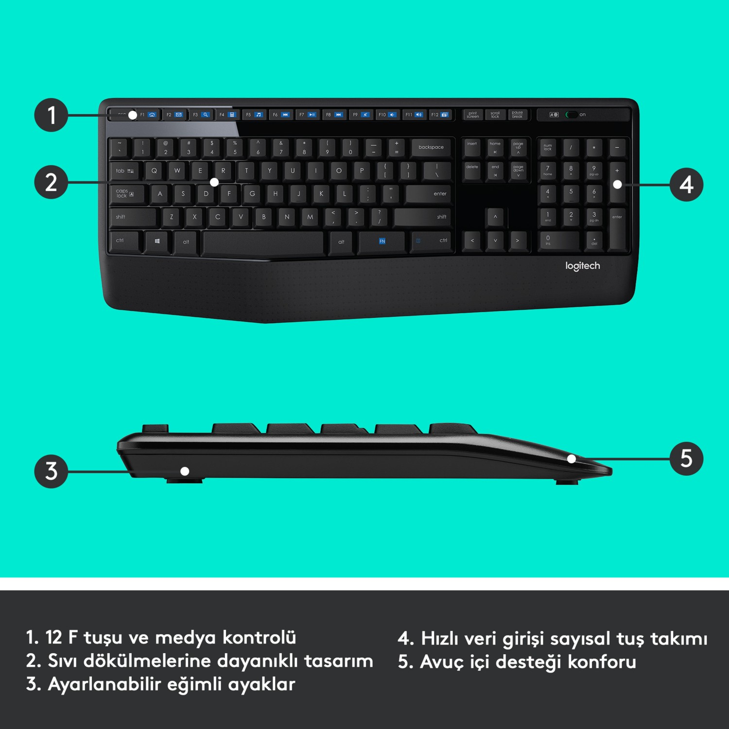 Vurgulanmış özelliklere ve metne sahip siyah Logitech klavye.