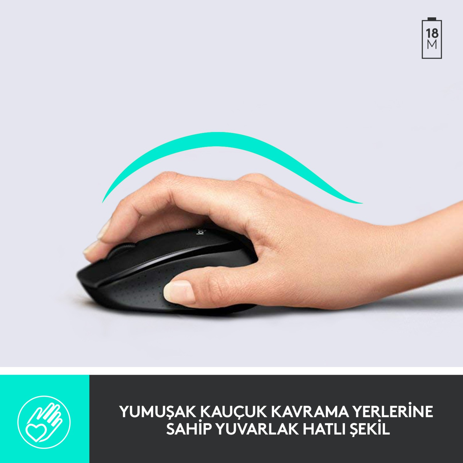 Kavisli tasarıma sahip siyah bir kablosuz fare kullanan bir el. Alttaki metin 'Yumuşak kauçuk kavrama' yazıyor.