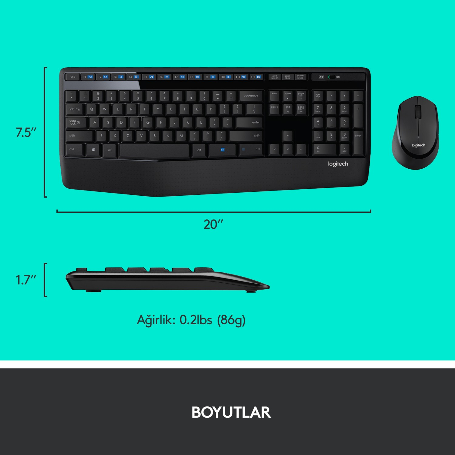 Siyah klavye ve fare seti. Klavye 20" genişliğinde.