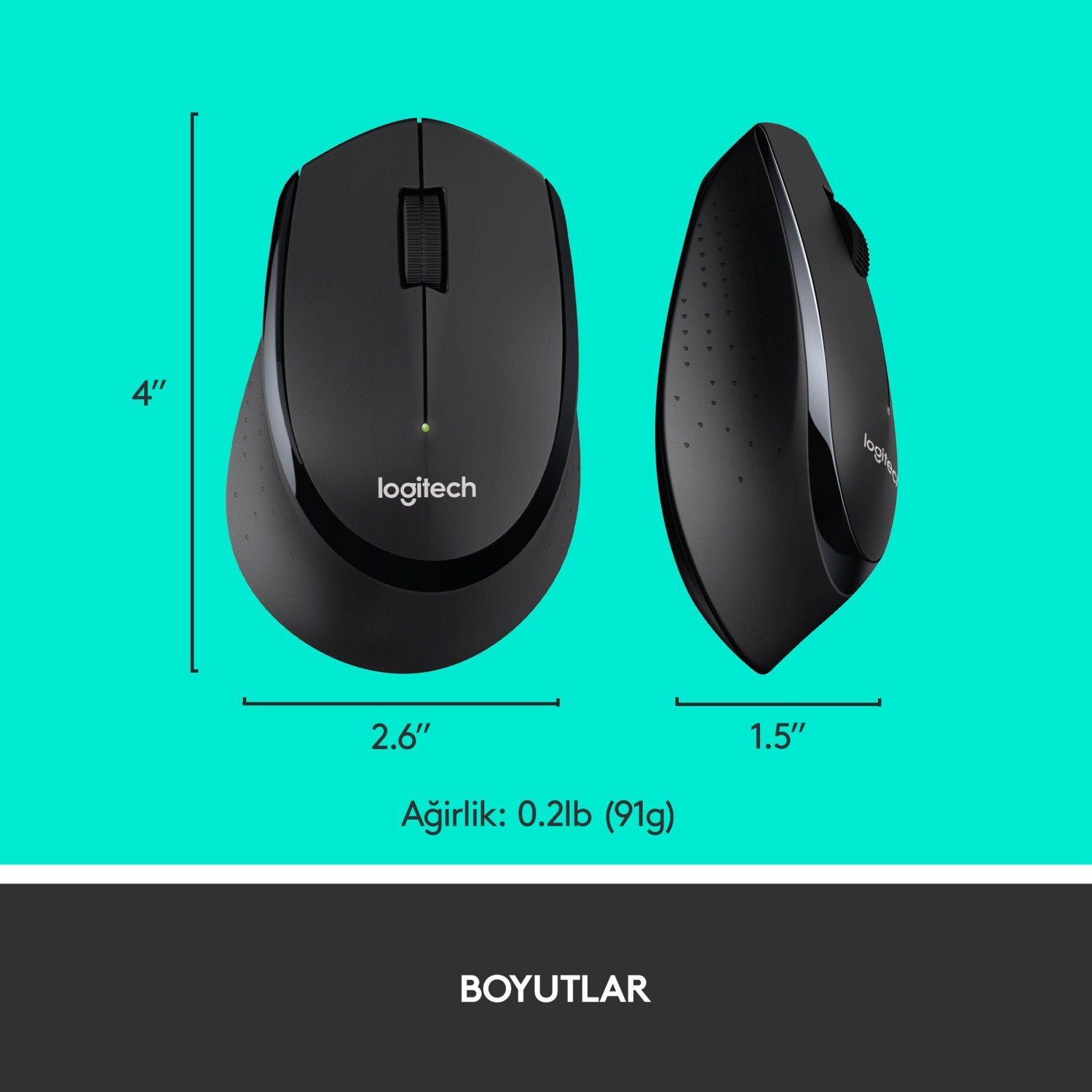 Boyutları ve ağırlığı belirtilen siyah Logitech fare: 4", 2,6", 1,5", 0,2 lb (91g).