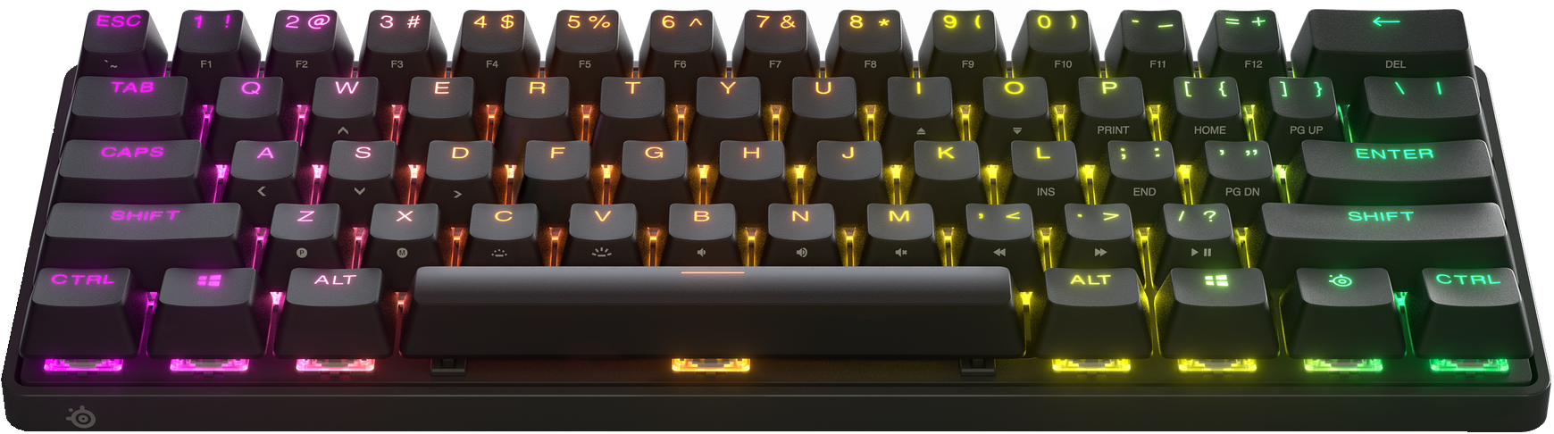 Fekete mechanikus billentyűzet RGB világítással. A billentyűk láthatók és különböző színekben világítanak.
