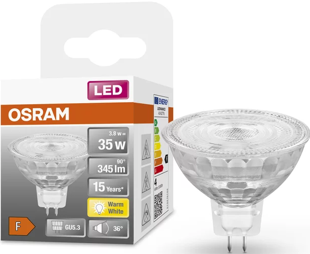 LED-Glühbirne in einer Box mit Produktdetails und Energieeffizienzlabel.