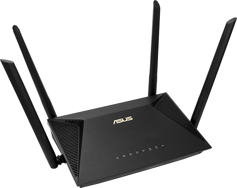 Fekete ASUS router 4 antennával. A készülék fekete háttéren van.