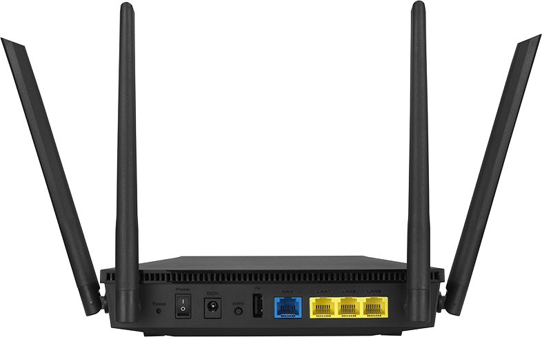 Fekete ASUS router hátulról, több porttal és 4 antennával.