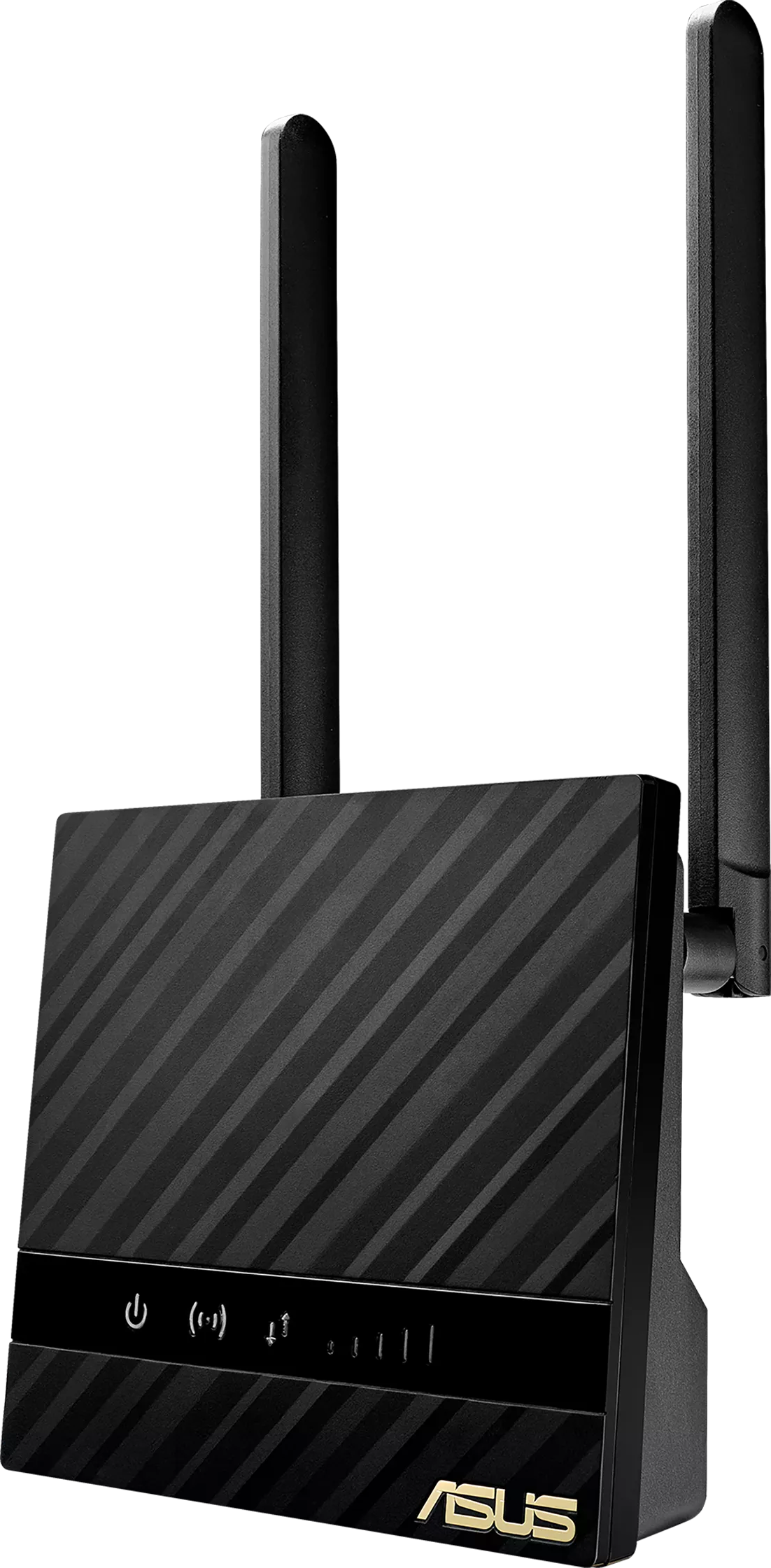 Fekete ASUS WiFi router két antennával. Az embléma arany. Fekete háttér.