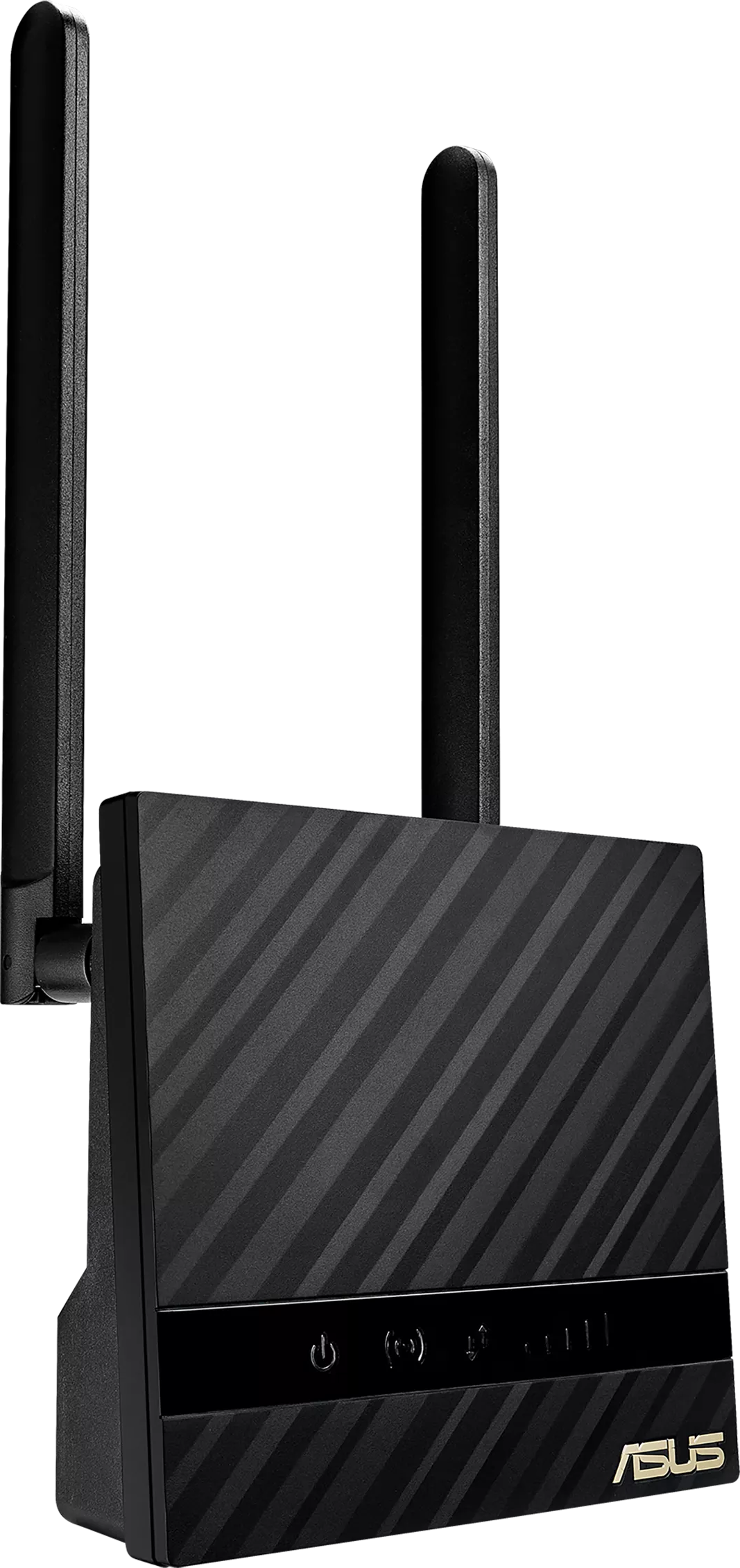 Fekete ASUS router két antennával, ferde nézetben, fekete háttérrel.