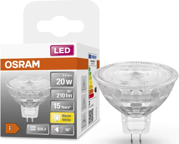 OSRAM LED-Glühbirne in Verpackung. Die Glühbirne ist transparent mit weißem und silbernem Sockel, 20W.