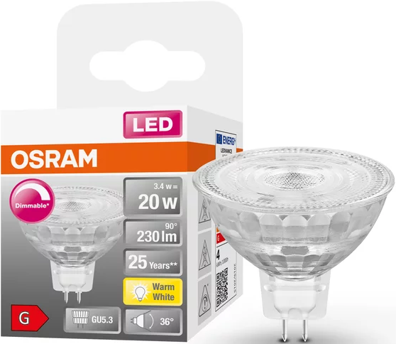 Ampoule LED Osram avec emballage. L'emballage montre des détails, y compris l'icône dimmable et l'étiquette énergie.