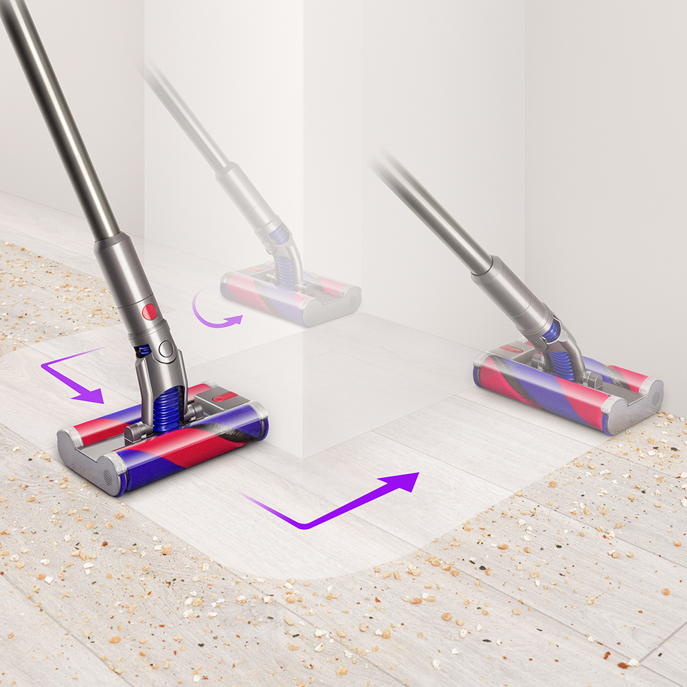 Dyson stofzuiger die een houten vloer schoonmaakt. Pijlen tonen de schoonmaakroute.