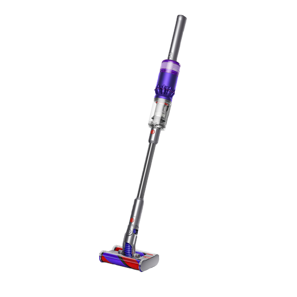 Dyson snoerloze stofzuiger op zwarte achtergrond, paars en zilver design.