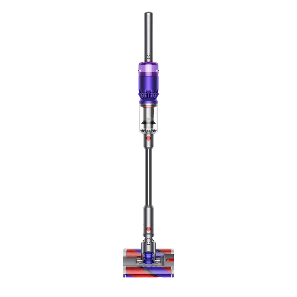 Dyson stofzuiger, paars en zilver, met rode accenten, geïsoleerd op wit.
