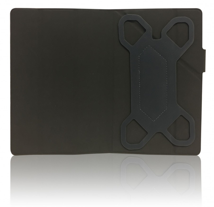 Fekete tablet tok nyitva, fekete tartóval. Fehér háttér.
