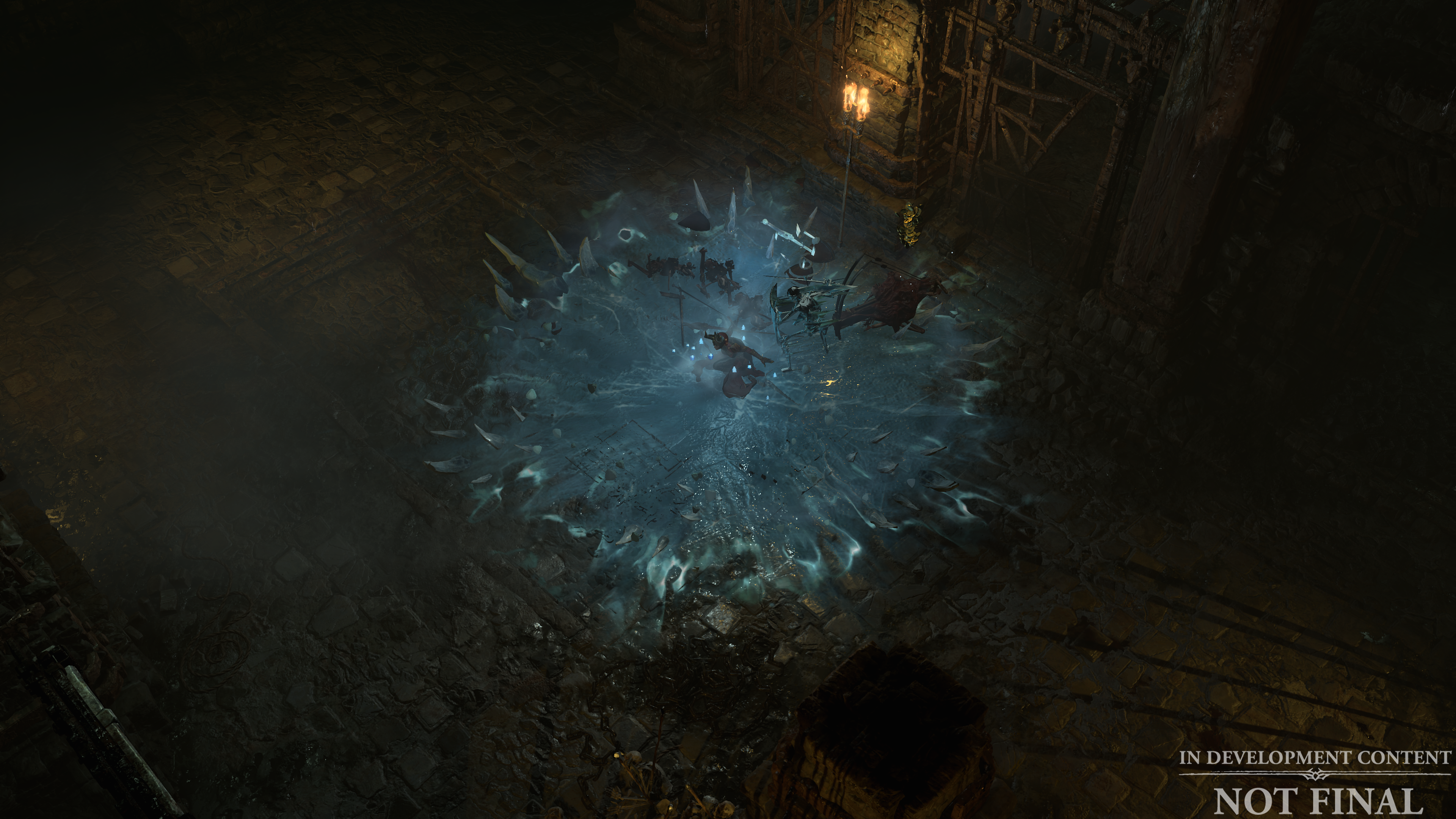 Dunkle Dungeon-Szene mit blauem Energieausbruch. Text unten: Inhaltsentwicklung, nicht endgültig.