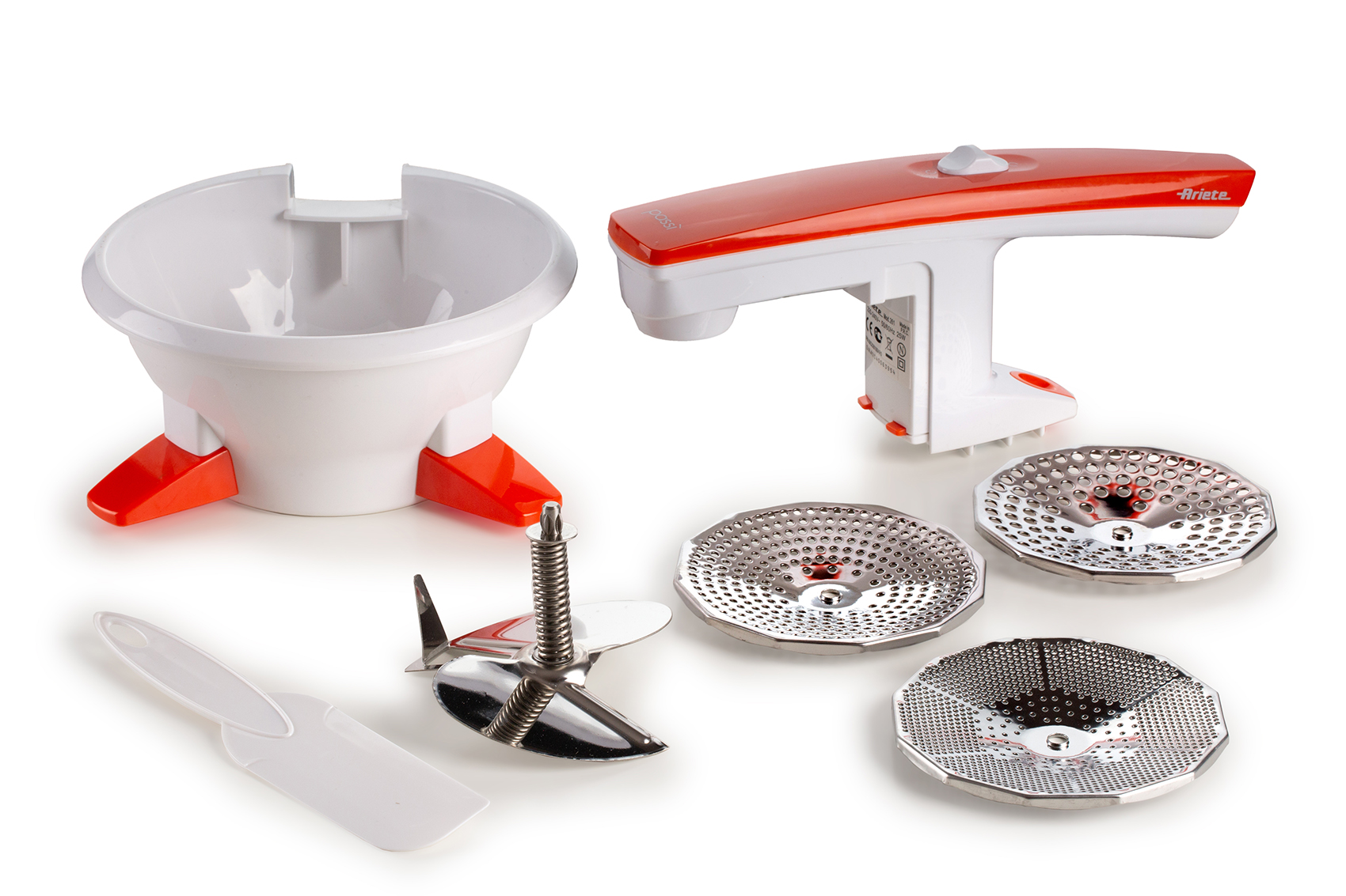 Electrodoméstico de cocina con piezas blancas y rojas, y múltiples discos metálicos.