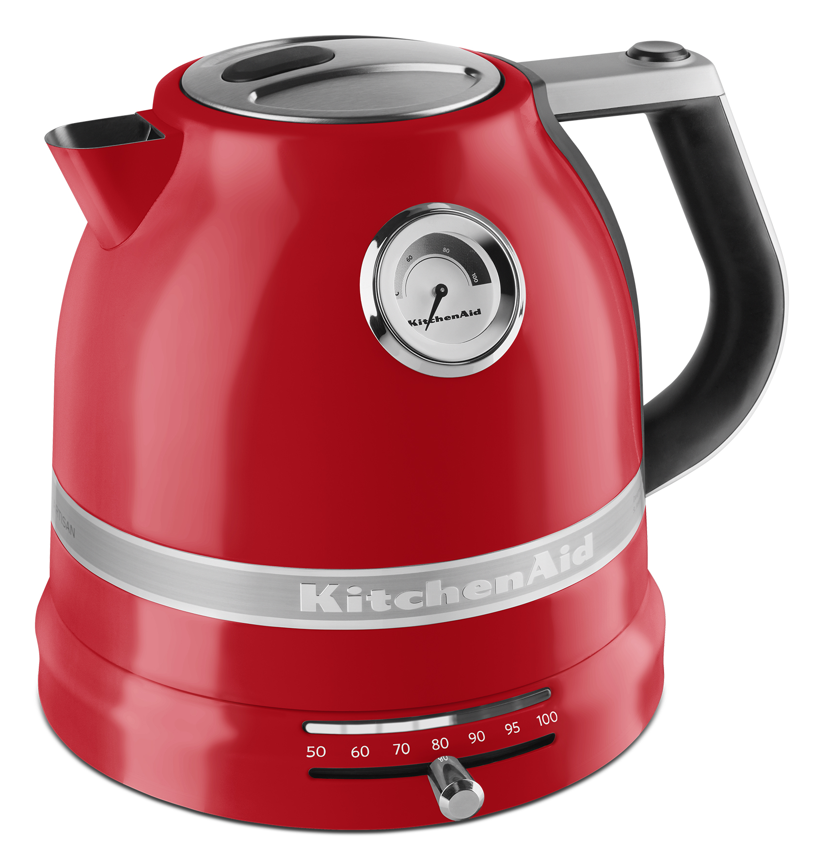 Hervidor KitchenAid rojo con indicador de temperatura. Banda plateada. Fondo blanco.