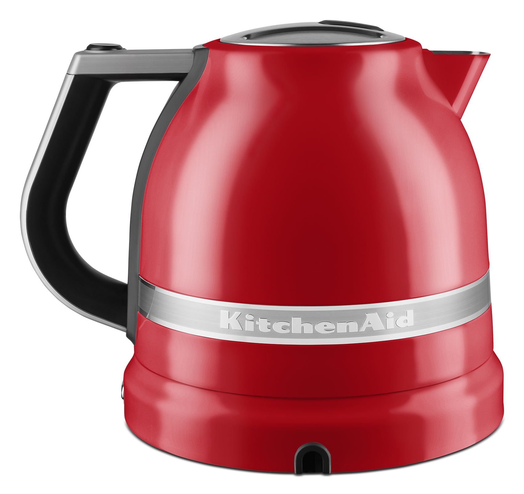Hervidor eléctrico KitchenAid rojo con asa negra y detalles plateados.