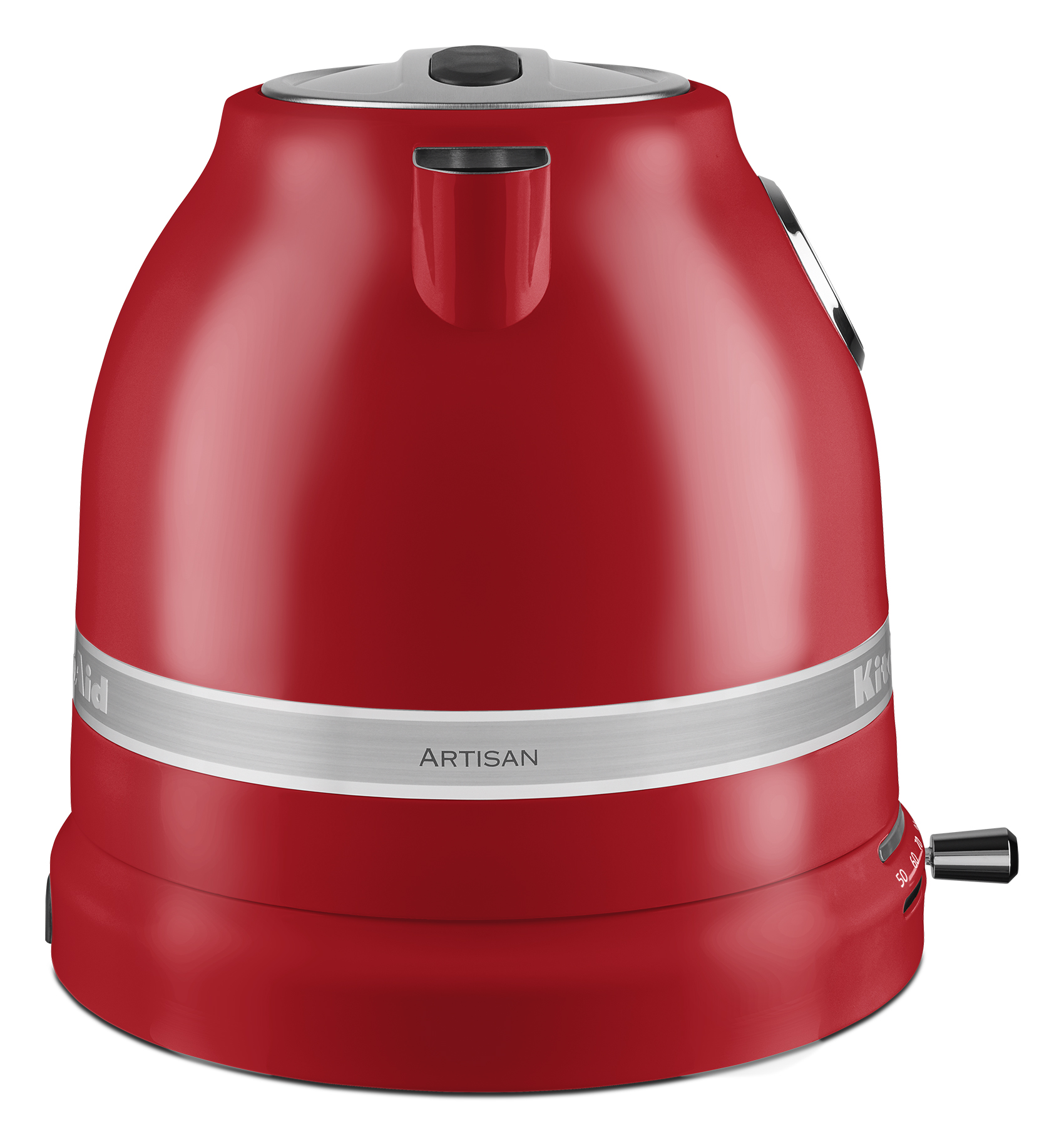 Hervidor eléctrico rojo con banda de acero inoxidable y la palabra 'ARTISAN'.