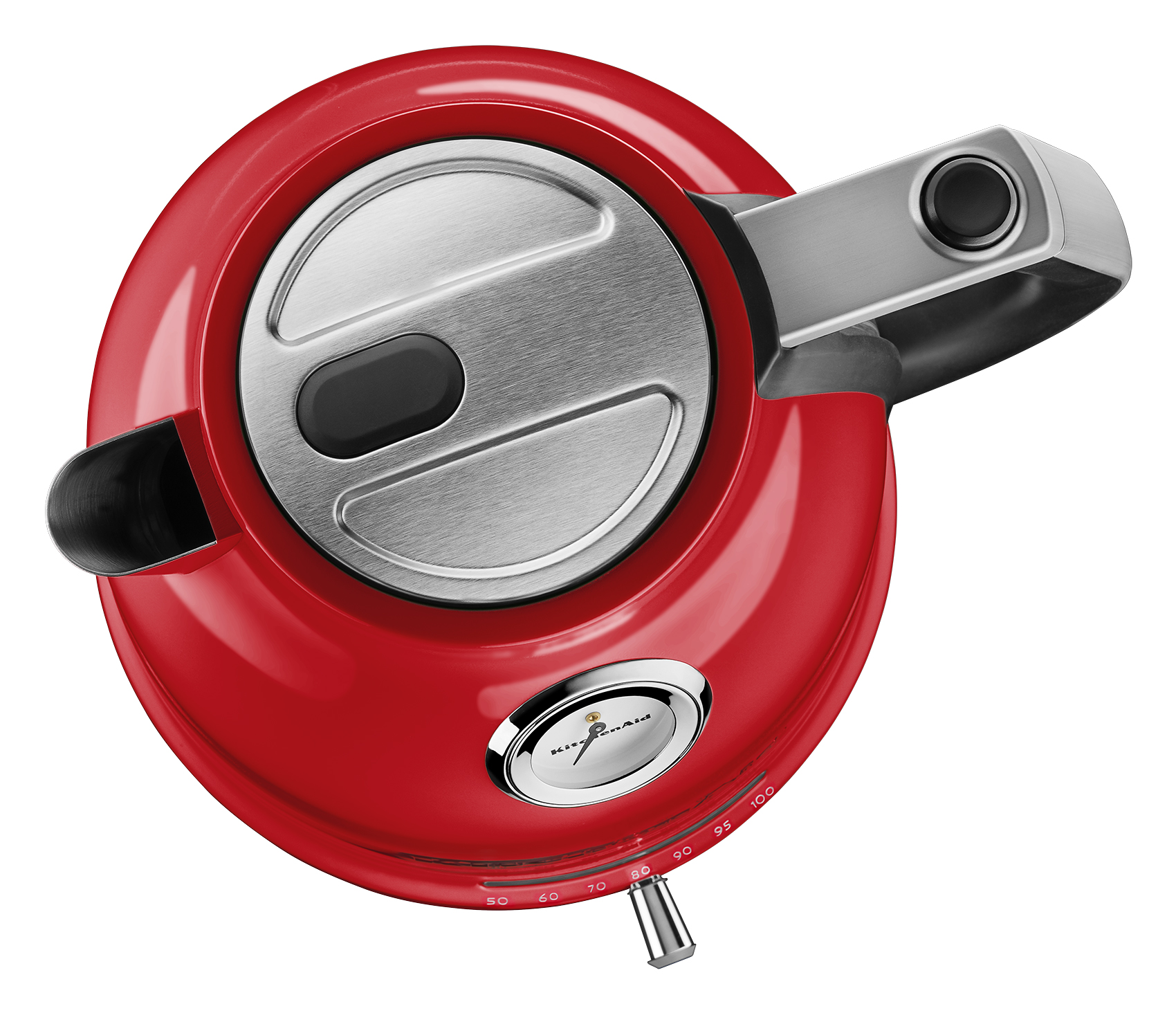 Hervidor eléctrico rojo, vista superior. Con tapa, asa y un indicador de temperatura.
