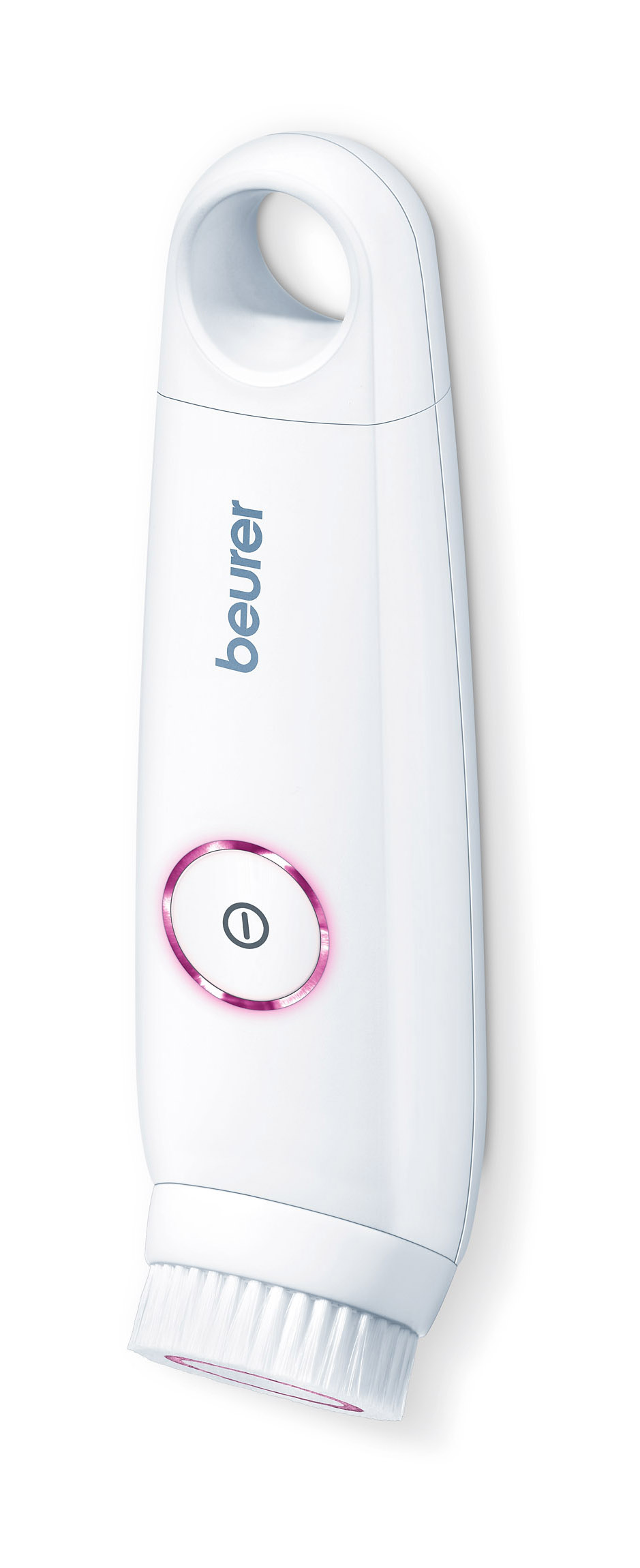 Cepillo limpiador facial blanco con botón de encendido rosa y cabezal de cepillo.