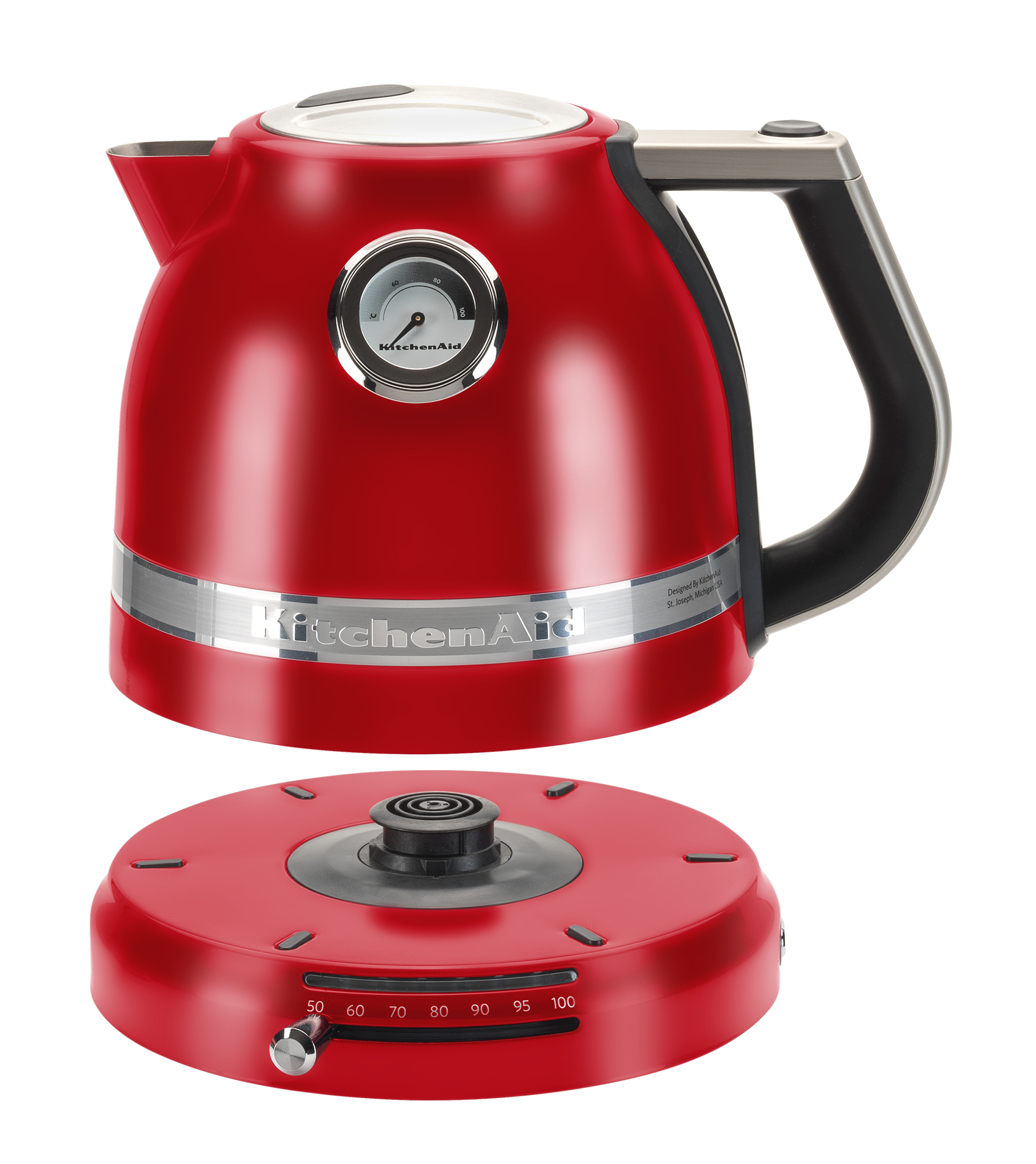 Hervidor KitchenAid rojo en su base, con un indicador de temperatura.