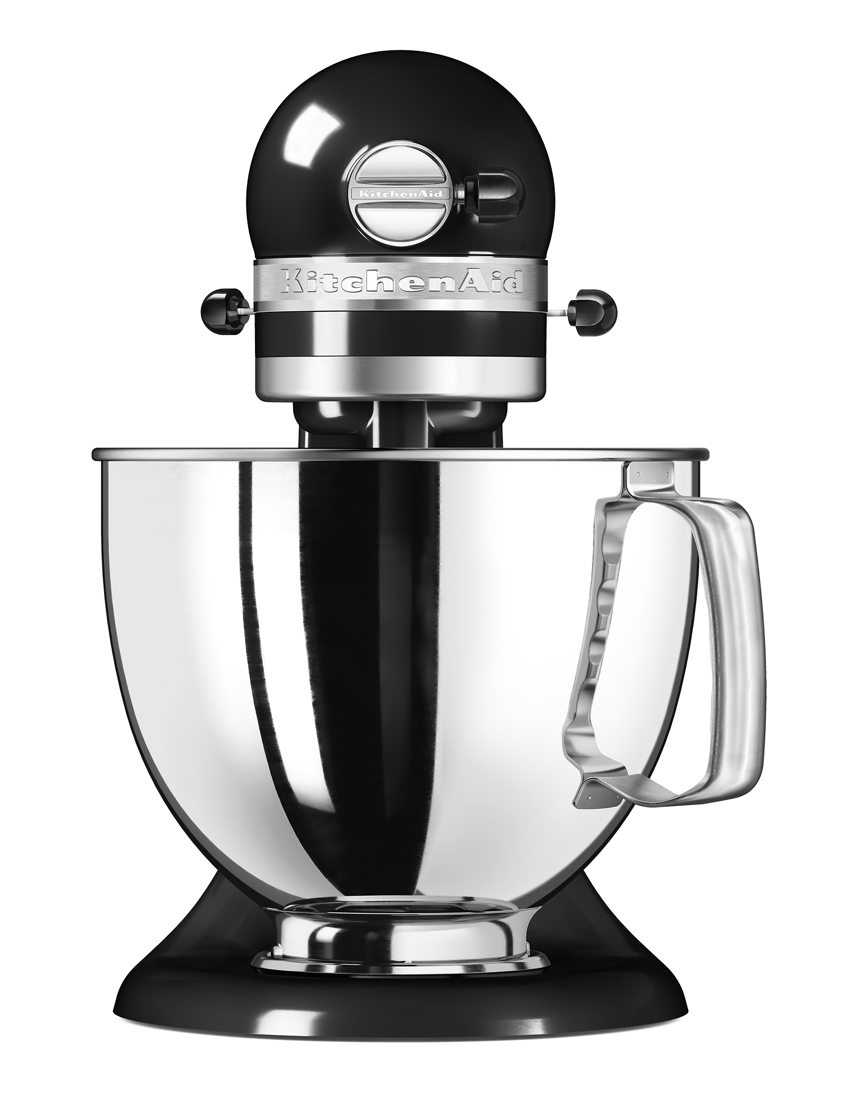 Batidora de pie KitchenAid negra. Está sobre un fondo blanco. El cuenco y la batidora son brillantes.